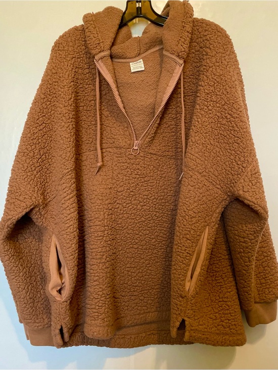 PINK Victoria's Secret Tops - PINK Victoria's Secret Plush Taupe Sherpa Half-Zip Hoodie